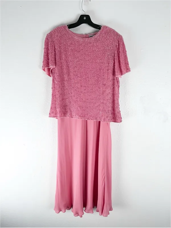 ADRIANNA PAPELL 100% Silk 2 Piece Beaded Shoulder Padded Top Maxi Skirt Size 16 - Image 2