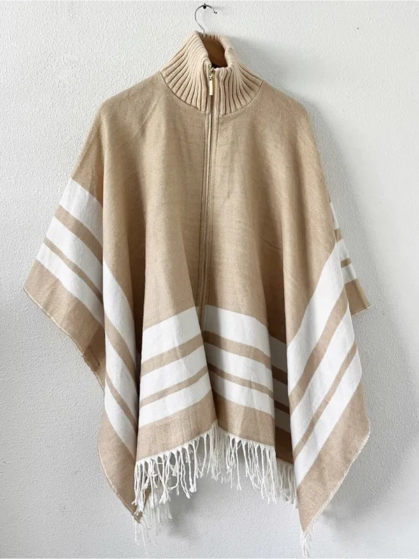 Marc New York Ivory Tan Oversized Gold Zip Up Fringe Hem Poncho - Image 2