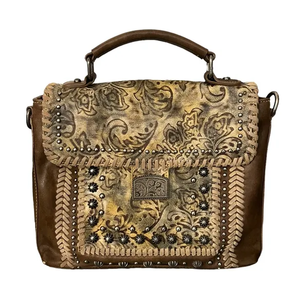 Montana West Studded Tooled Faux Leather Top Handle & Shoulder Strap Cowgirl Bag - Image 2