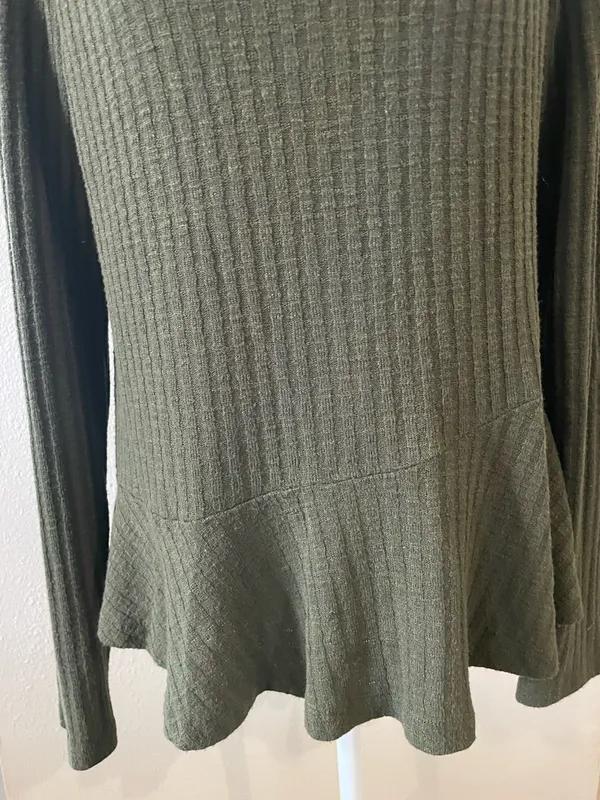 Maeve for Anthropologie Ribbed Knit Top Cowl Neck Flared Hem Olive Green - Image 6