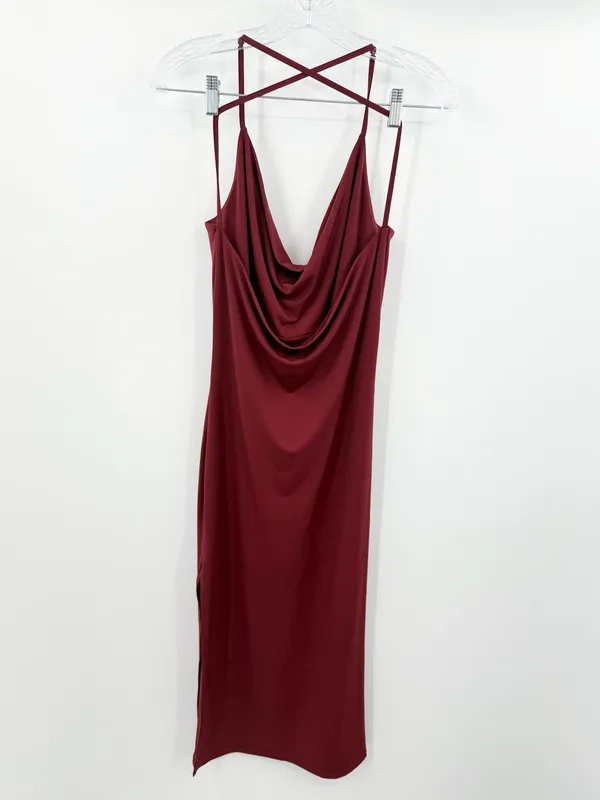 Abercrombie & Fitch Women's Burgundy Cowl Neck Midi Dress Size Small‎ Petite - Image 2