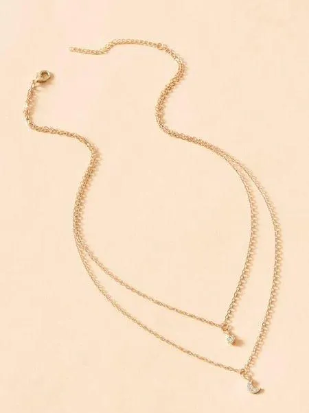 Casual Rhinestone Moon Charm Layered Necklace Gold - Image 2