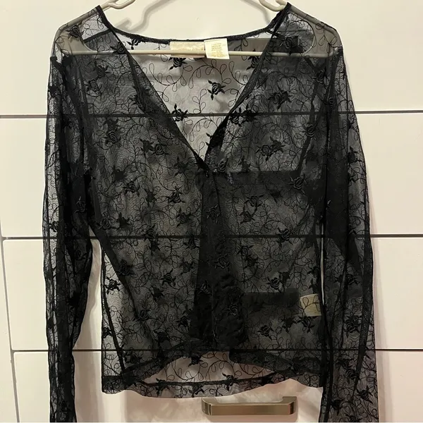 Vintage Black Lace Sheer Long Sleeve Top - Image 2