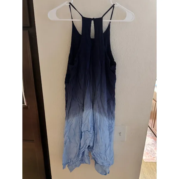 Alya Blue Ombre‎ Handkerchief Hem Dress Small Boho Embroidered Halter Racerback - Image 6