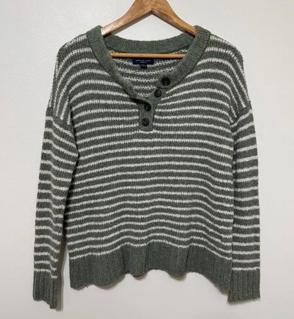 American Eagle Striped Sweater Size Small Oversized Henley Green White Knit - Image 2