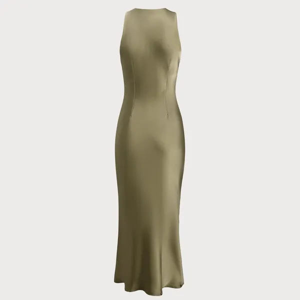 Rihoas Green Satin Boat Neck Slip Midi Dress - Image 7