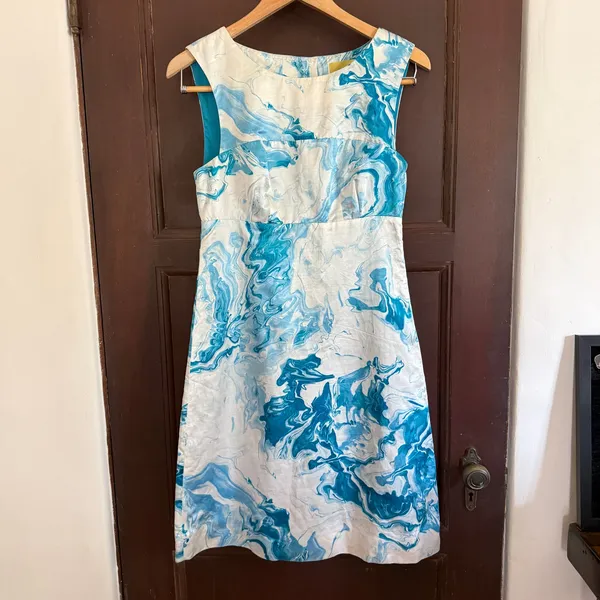 MAEVE | Marbled Waters Blue and White Silk Cotton Blend Shift Dress | 2 - Image 2