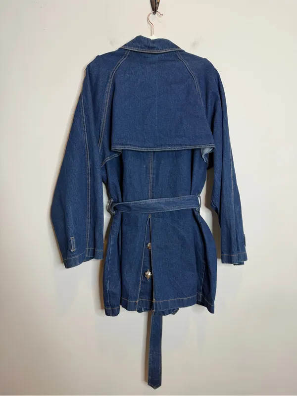 Navi Vintage Denim Trench Coat XXL Belted Dark Wash Y2K Western Boho Duster - Image 7