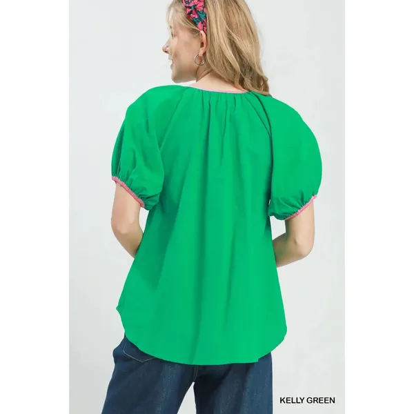 Umgee Contrast Trim Button Front Puff Sleeve Blouse - Kelly Green - Large - Image 3