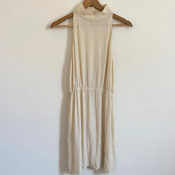Alice + Olivia Sequin Beaded Mini Dress Size Medium Cream neutral party - Image 2
