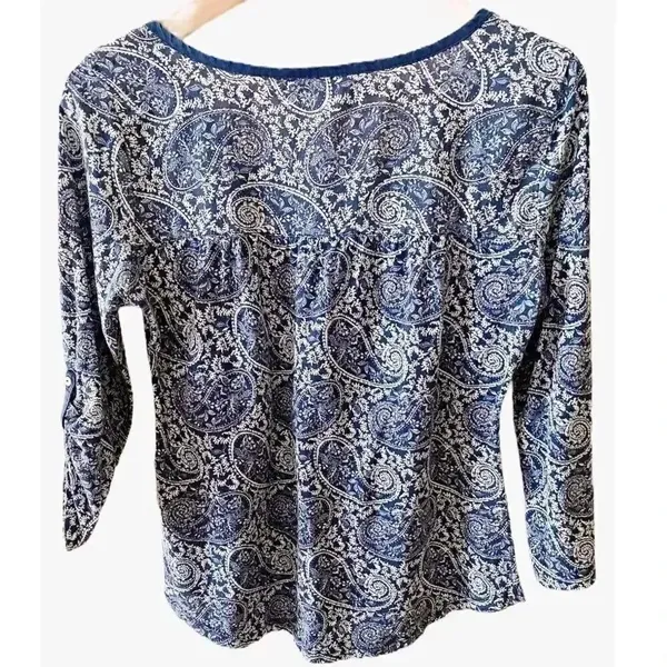 H& M Logg Roll-Up Long Sleeves Navy white Paisley Buttons Top M #1411 - Image 2