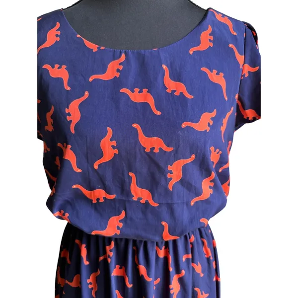 Peach Love California Dinosaur Print Dress Small Navy Orange Puff Sleeve Mini - Image 5