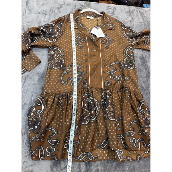NWT Sandro Aurelie Paisley Silk Shirt Dress Brown Bandana Print Ruffle 40 L - Image 7