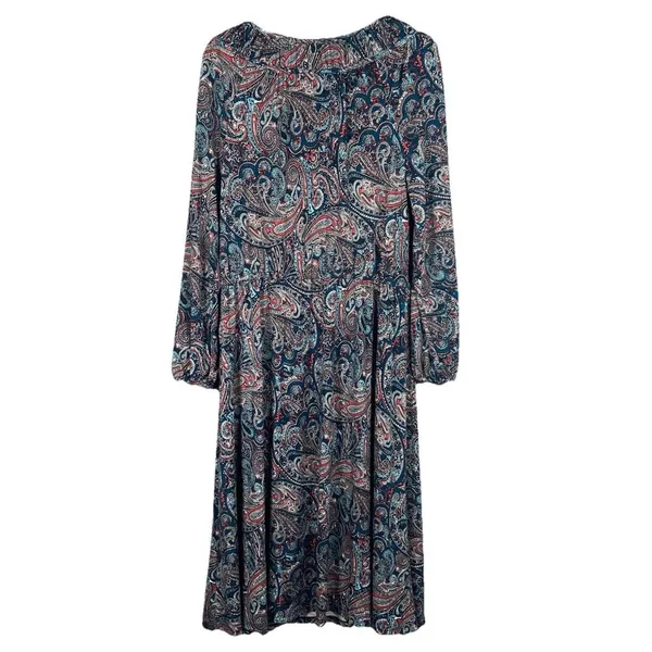 TALBOTS Teal‎ Paisley Stretch Shirred Blouson Midi Dress Size L Large Classic - Image 6