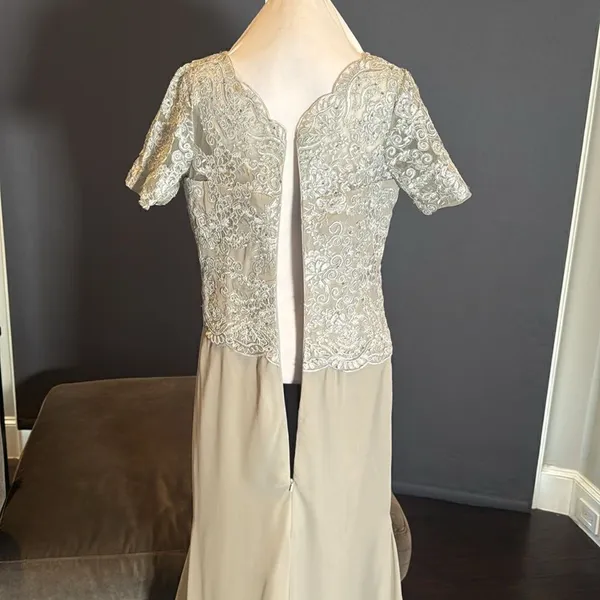 Women’s Full Length Gray Chiffon & Lace Appliqué Formal Dress Zip Back Size 10 - Image 8