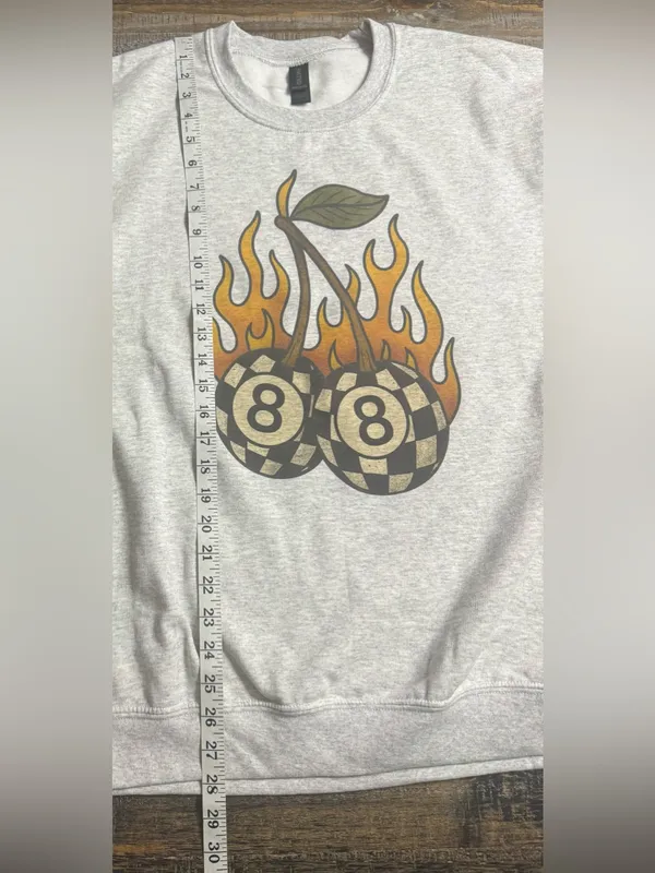 Gildan Light Gray Sweatshirt with Flaming Pool Ball Cherry Graphic - Image 7