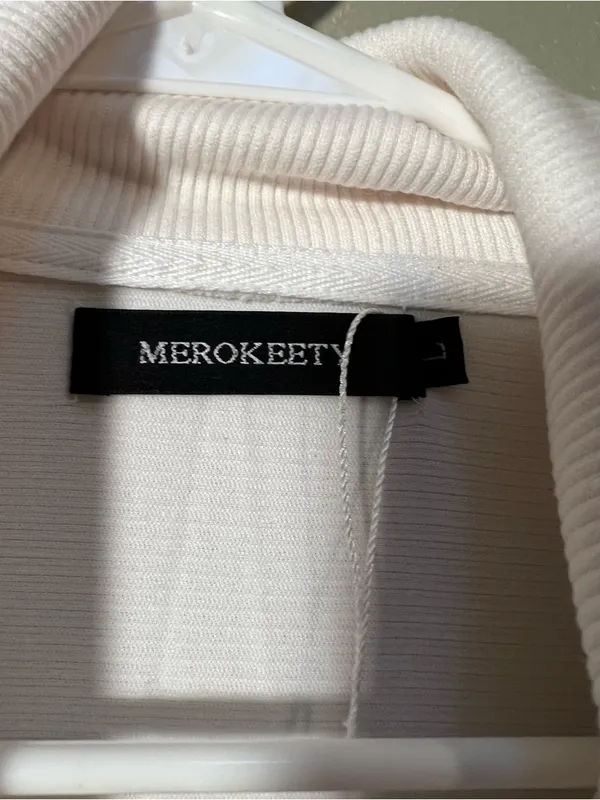 Merokeety Women's Size Large Quarter Zip V Neck Collar Ribbed Sweatshirt Cream - Image 10