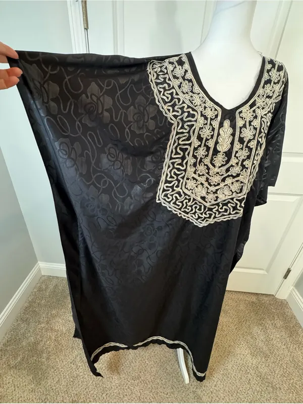 Ashro Black Gold Embroidered Caftan Kaftan Maxi Dress One Size Resort Cruise - Image 5