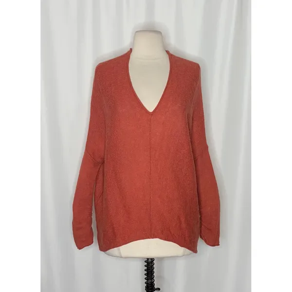 FREE PEOPLE Sadie V Neck Sweater Pullover Wool Alpaca Ruching Sunset Red Small - Image 2