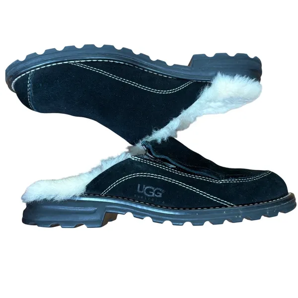 UGG Australia 5457‎ Black Suede Sheepskin Lined Clog Mule Shoes Women Size 7 - Image 3