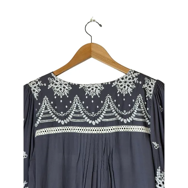 Sundance Embroidered Mini Dress Women Medium Gray Boho Eyelet Bell Sleeve - Image 7