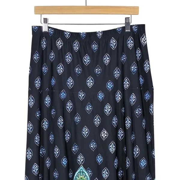 Southern Lady Paisley Border Print Maxi Skirt Black Blue Boho Stretch Size M - Image 2