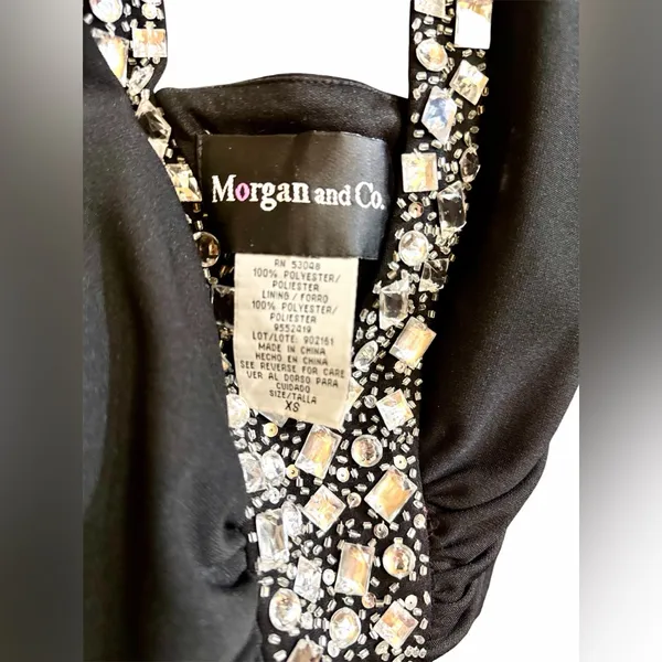 Morgan & Co Y2K Black Embellished Halter Dress with Cinched Gathered Vneck Sz XS - Image 5