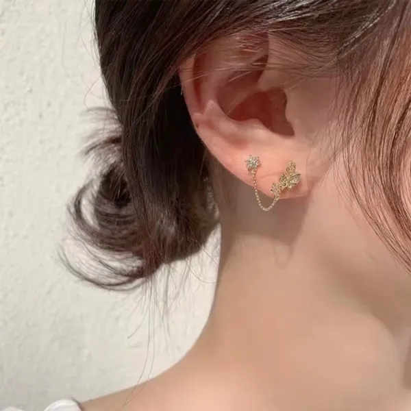 18K Gold Plated Double Pierced Holes Tassel Chain Butterfly Stud Earrings for Women - Image 3