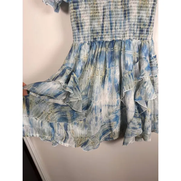 Olivaceous Tie Dye Smocked Mini Dress Womens Small Blue Ruffle date fairycore - Image 3