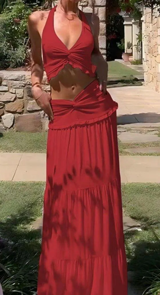 Red Plunge Neck Halter Top and Tiered Ruched Maxi Skirt Set - Image 6