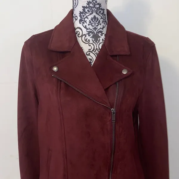 Like New! Old Navy Women's Burgundy Velour Faux Suede Moto Jacket Size Large - Image 4
