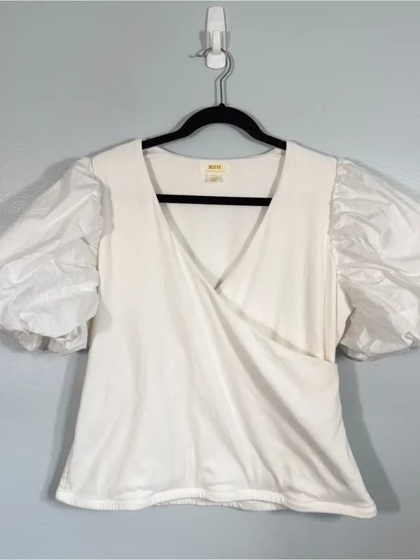 Maeve Anthropologie Puff Sleeve Faux Wrap Surplus Cotton Knit Top White XL - Image 2