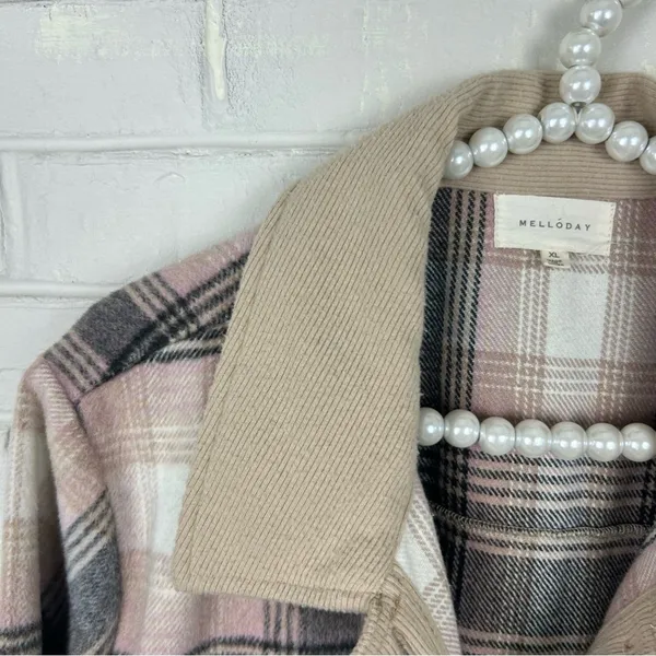 Melloday Pink Brown Plaid Long Line Button Front Shacket Size XL - Image 7
