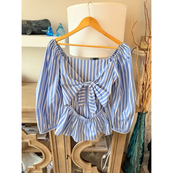 Fifteen Twenty Striped Open Back Bow‎ Peplum Top Womens Blue White Small - Image 2