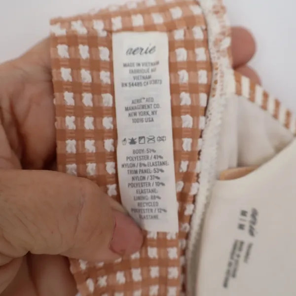 Aerie Tan Gingham Ruffle Triangle Bikini Top Medium Seersucker V-Neck Swim - Image 3