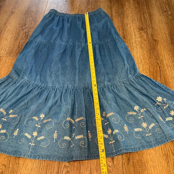Passports Embroidered Denim Maxi Skirt XL Blue Cotton Tiered Boho Cottagecore - Image 3