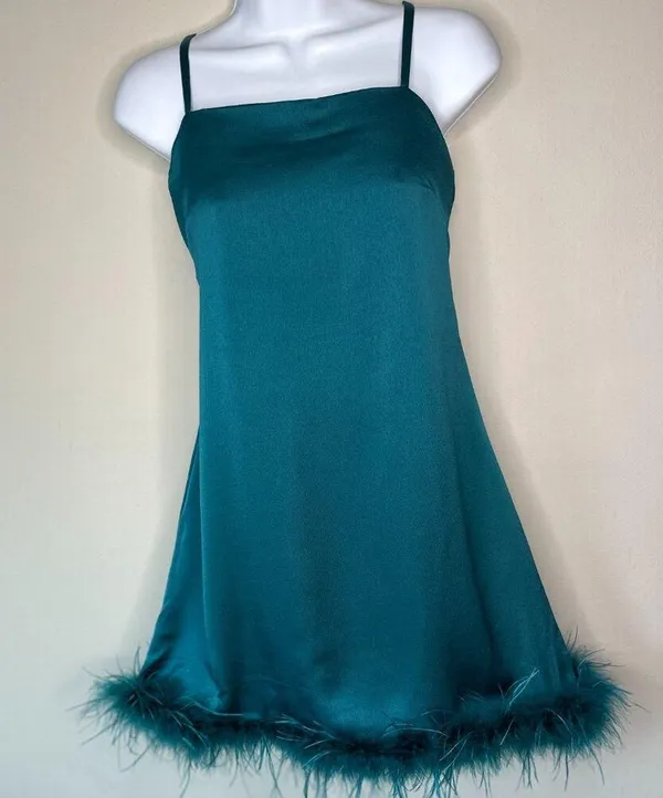 NWT Thirty Thirty Feather Trimmed Cocktail Party Slip Dress in Emerald Size M - Image 2