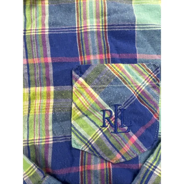 Lauren Ralph Lauren Madras Plaid Shirt Womens M Blue Green Pink RL Monogram - Image 2