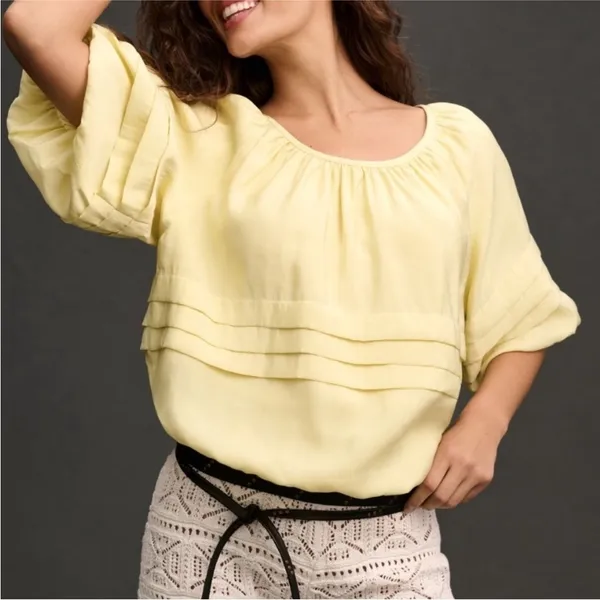 ANTHROPOLOGIE Maeve Short Sleeve Bubble Tiered Top Yellow Off The Shoulder Top L - Image 3
