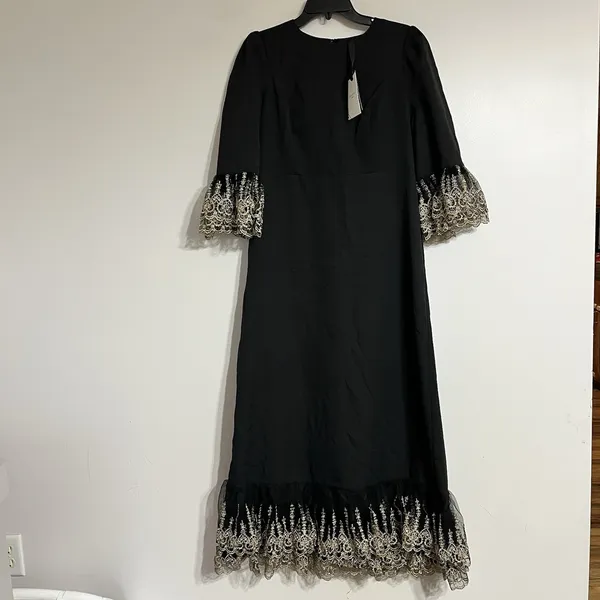 NWT POMANDER PLACE Black Lillith Maxi‎ Cocktail Dress w/ Gold Lace Size Large - Image 3