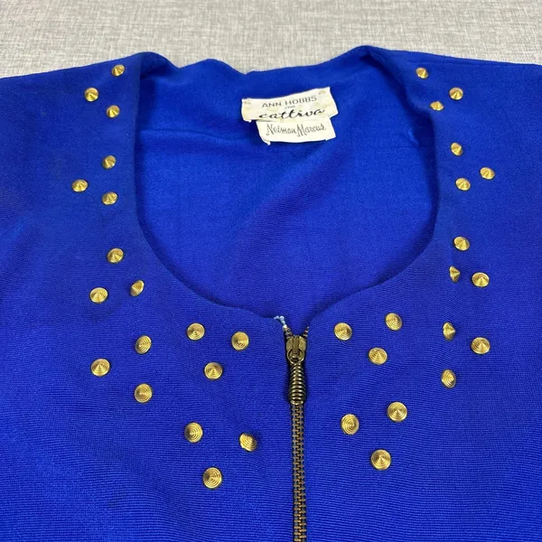 Ann Hobbs Dress Womens X-Small Blue Scoop Neck Bodycon Studded Zip Long Sleeve - Image 2
