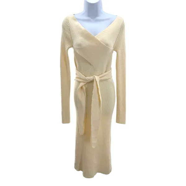 The Line by K Kane Knit Midi Dress Cream M Cutout Back Tied Waist Wrap V Neck - Image 4