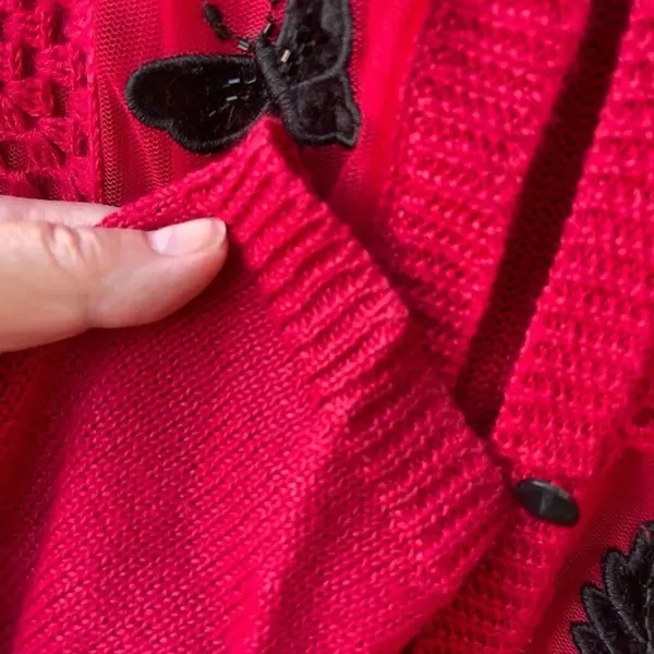 Teddi size XL beaded crocheted button front cardigan. Red - Image 8