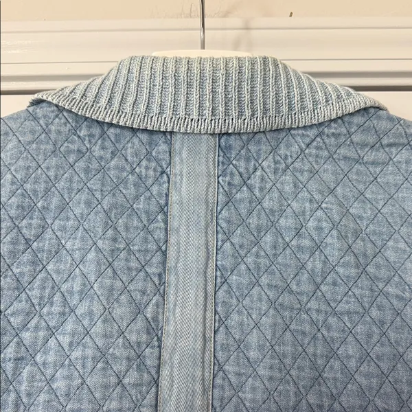 Blue Willi’s Denmark Quilted Denim Jacket Knit Sleeves Button 90s Vintage Large - Image 9