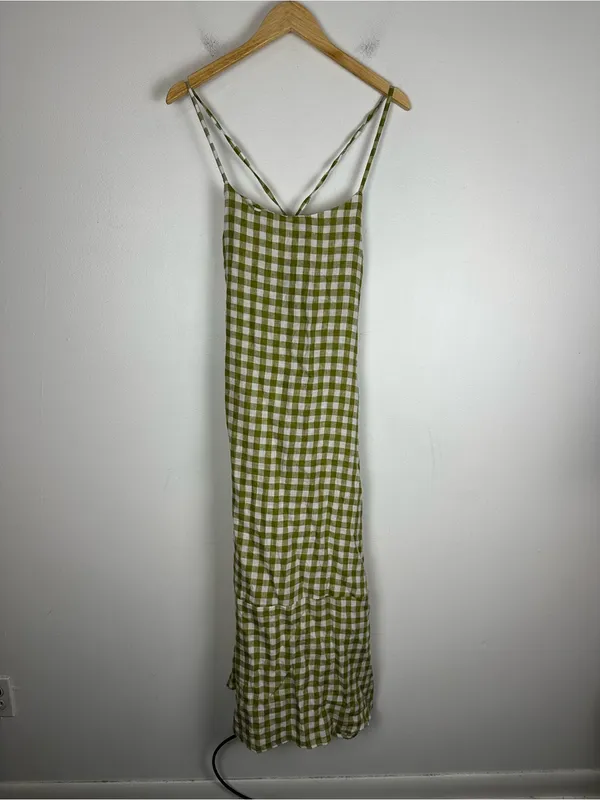VITAMIN A Mari Gingham Linen Cover-Up Maxi Dress Ecolinen Avocado Gingham Sz S - Image 2