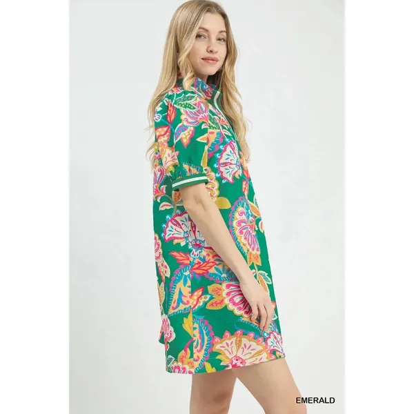 Umgee Jacquard Paisley Print Puff Sleeve Tunic Dress - Emerald Mix - Small - Image 2