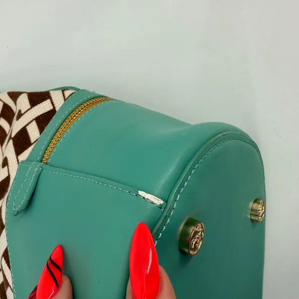 Spartina 449 Madison Stanley Bucket Bag Linen Liner Leather Teal Brown Geometric - Image 10