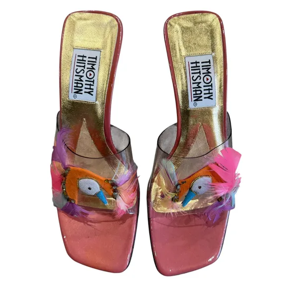 Timothy Hitsman Pink Feather Bird Heels Size 6M Clear Strap Sculptural Y2K Mules - Image 3