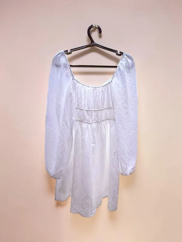 EN CRÈME White Textured Long Sleeve Smocked Waist Mini Dress‎ Size S - Image 2