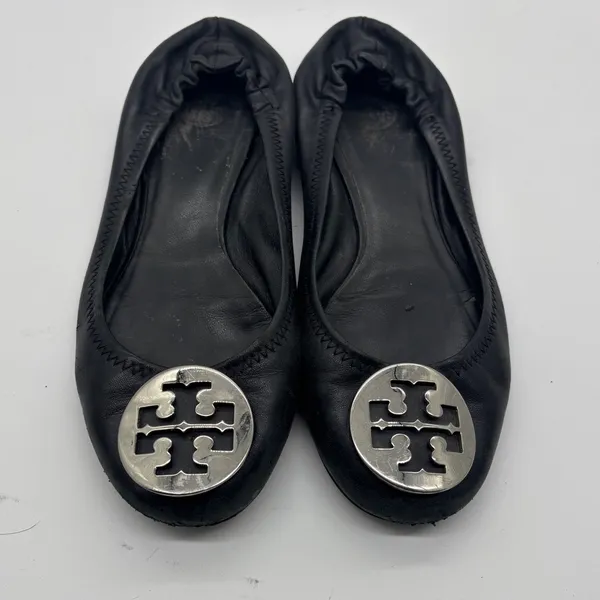 Tory Burch Minnie Travel Ballet Flats Black Leather Silver Logo Medallion - Image 2